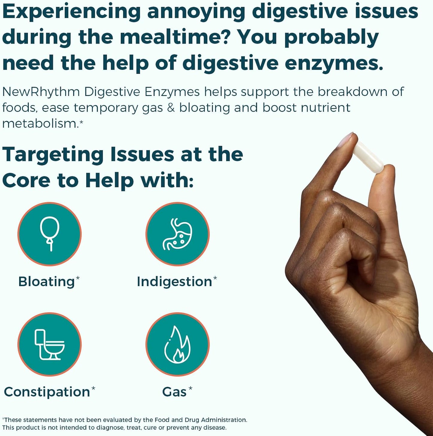 NewRhythm Digestive Enzymes 490 mg, with Probiotics & Prebiotic, Plant Based, 7 Key Enzymes, Digestion, Nutrient Absorption, Protease Amylase & Lipase, 120 Vegan Capsules