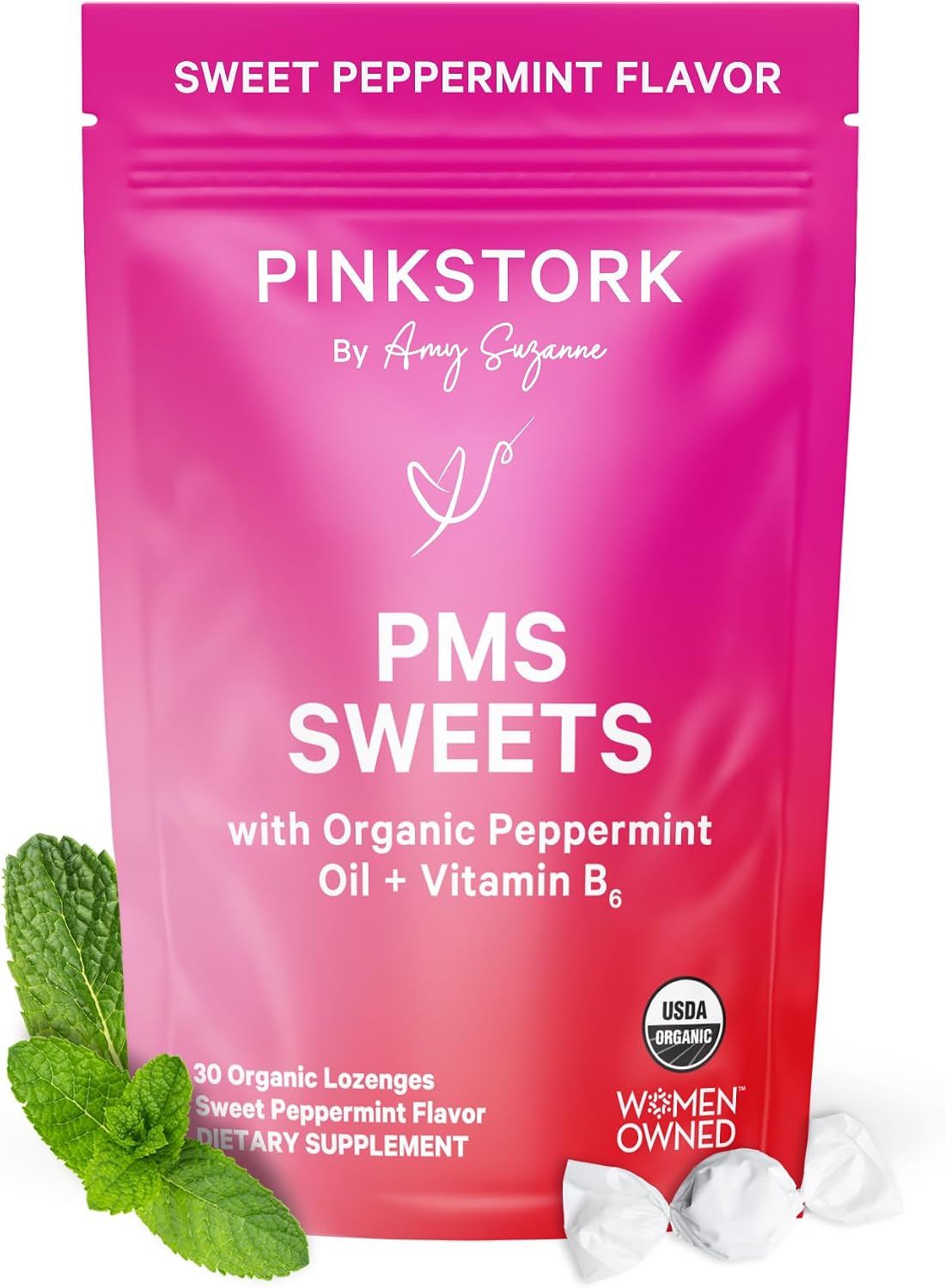 Pink Stork Organic PMS Support Sweets for Teens and Women - Simple & Natural Ingredients Vitamin B6 and Peppermint - Period, Digestion, Bloating, Mood Swings - 30 Drops
