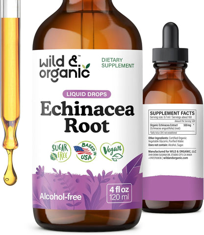Wild & Organic Echinacea Drops - Immune & Lymphatic Drainage Drops - Liquid Echinacea Supplement - Add to Tea Tincture - Angustifolia Herb Extract - Vegan, Sugar & Alcohol-Free - 4 fl oz