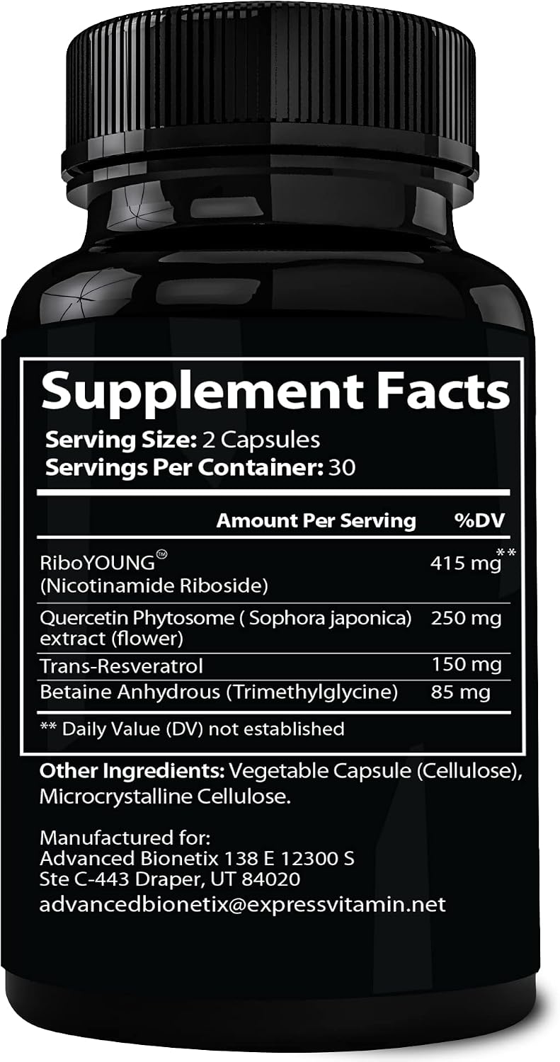 Advanced Bionetix NAD Supplement with Nicotinamide Riboside Plus Resveratrol, Quercetin, Betaine w/RiboYOUNG™ for True Anti Aging