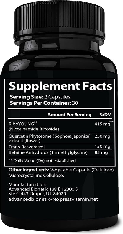 Advanced Bionetix NAD Supplement with Nicotinamide Riboside Plus Resveratrol, Quercetin, Betaine w/RiboYOUNG™ for True Anti Aging