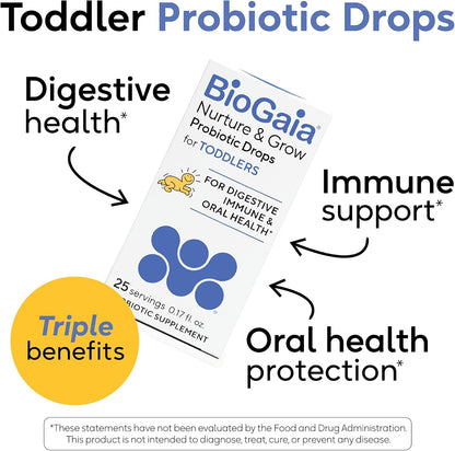 BioGaia Nurture & Grow Toddler Probiotic Drops | Gut, Immune & Oral Health | Age 1+ | Digestive Health & Regularity | Immune Support | Promotes Respiratory & Oral Health | Easy-to-use drops | 5mL