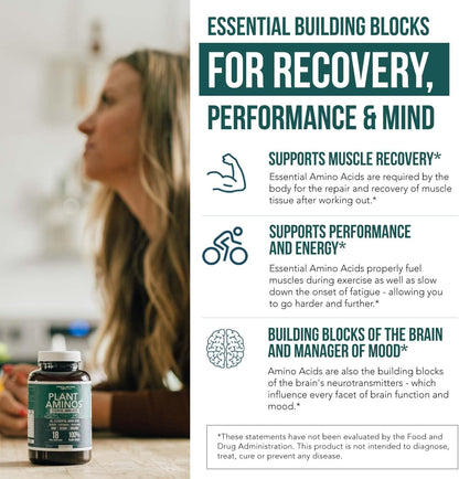 Plant Aminos Organic Essential Amino Acid Supplement (EAAs) & BCAA - 100% Plant-Based Raw, Vegan - All 9 Essential Amino Acids with 18 Total Amino Acids (360 Tablets)