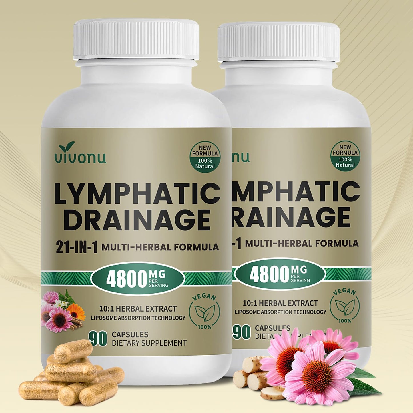 21-in-1 Liposome Lymphatic Drainage Supplements, 90 Day Supply, 4800mg Immune & Lymph System Support, 10:1 Concentrated Technology, Echinacea, Dandelion, Burdock, Bromelain, Calendula, 2 Bottle