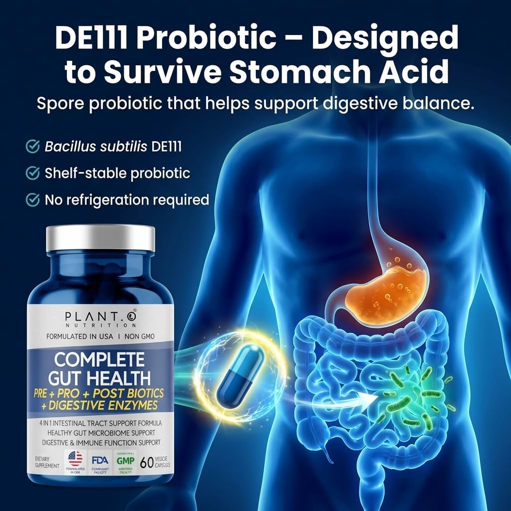 4-in-1 Gut Health Support – Prebiotics + Probiotics + Postbiotics + Digestive Enzymes for Women and Men – DE111 Spore Probiotic for Digestive Support & Bloating – Non-GMO – 60 Veggie Capsules