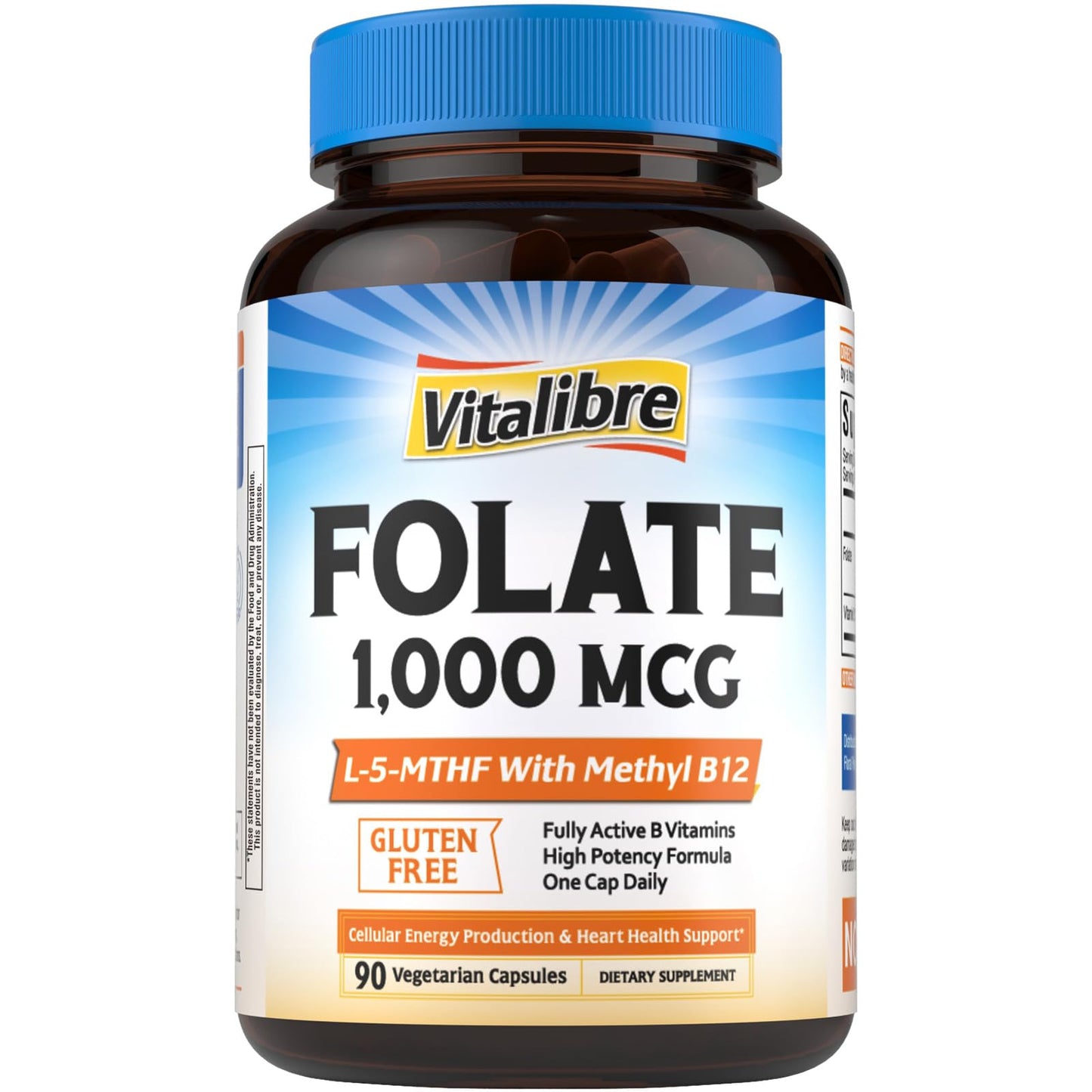 Vitalibre Methyl Folate 1000 mcg, L-5-MTHF with Methylcobalamin B12, Heart & Blood Health, Healthy Nervous System, Energy Support, Vegan, Bioactive Form, Best Absorption, 60 Capsules