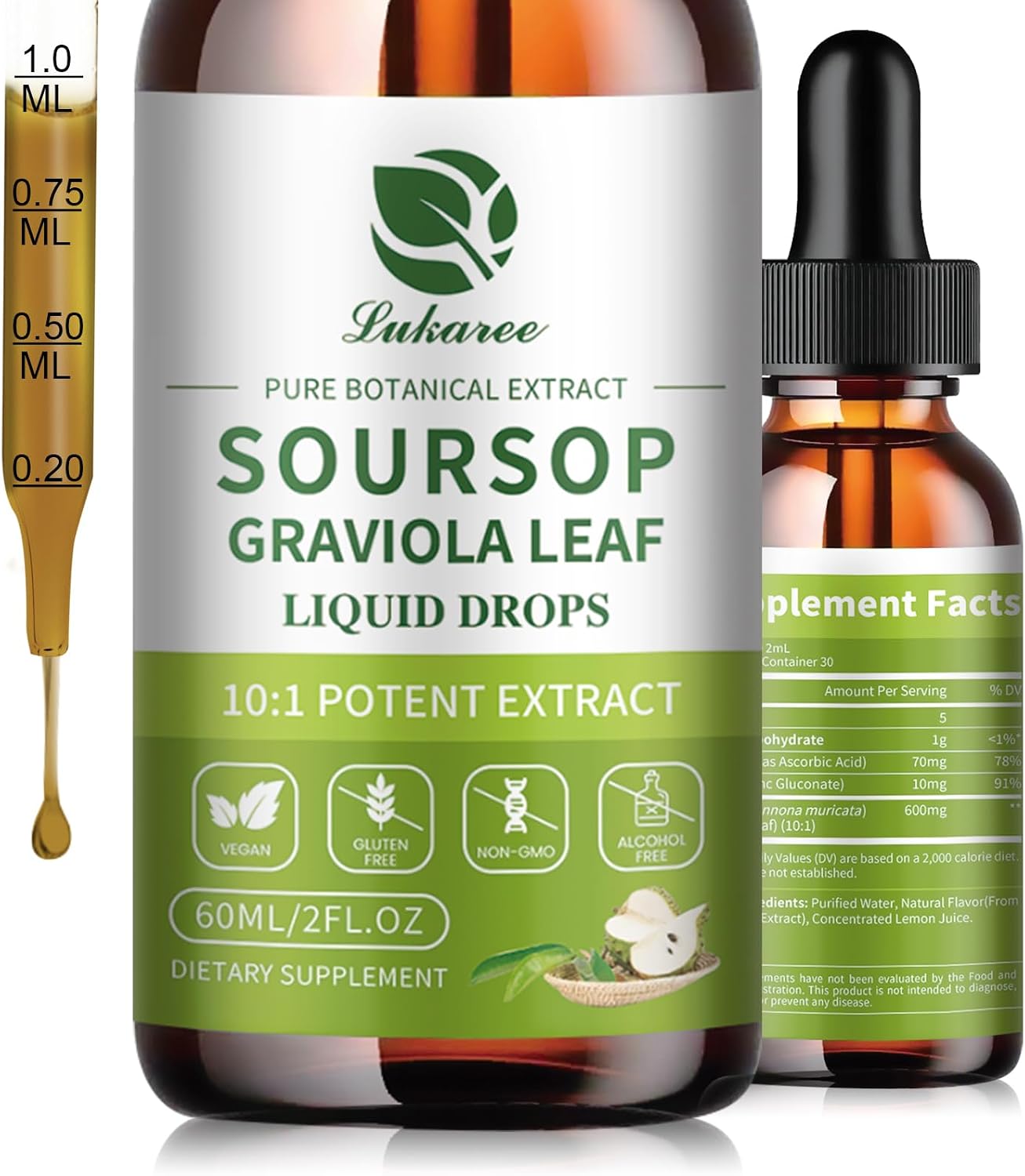 Lukaree Pure Soursop Graviola Leaf Extract for Immunity, Gut Health & Natural Energy Support – Soursop Bitters Liquid with Cold Extract – Vegan | Gluten-Free | 2 Fl Oz
