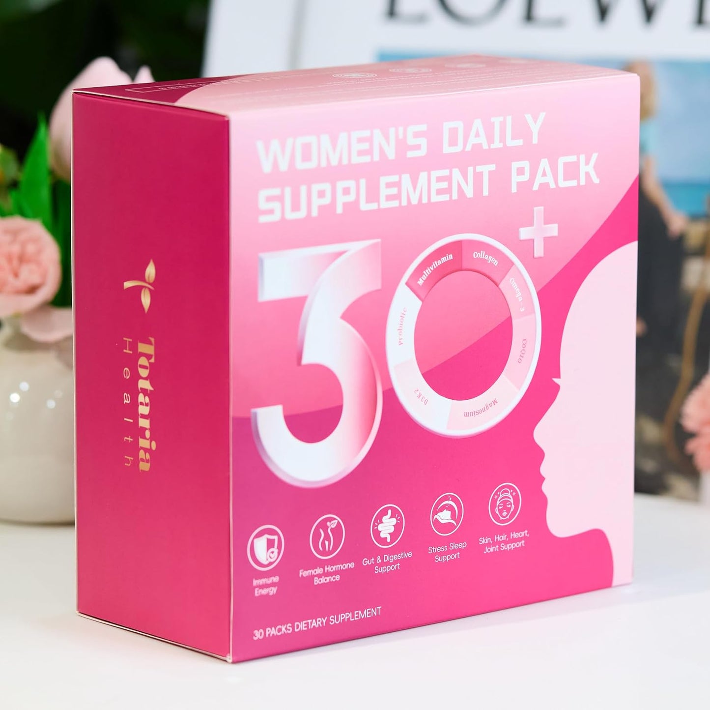 Totaria Multivitamin for Women with Vitamin A,B,C,D3,E,K2, Biotin, Collagen, Magnesium, Ashwagandha, Omega-3, Probiotic, Energy, Beauty, Stress, Calm, 30 Servings