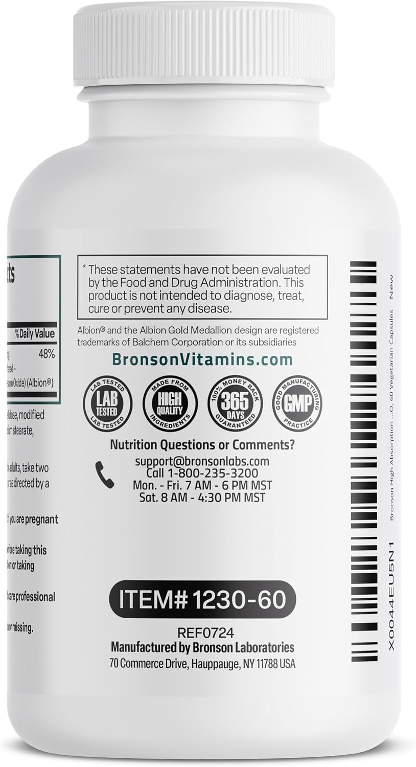 Bronson Magnesium Glycinate 200 MG Chelated High Absorption, 60 Capsules | Stress Relief, Sleep, Heart Health, Nerves, Muscles, and Metabolism Support, Vegetarian, Non-GMO, Gluten Free, Soy Free