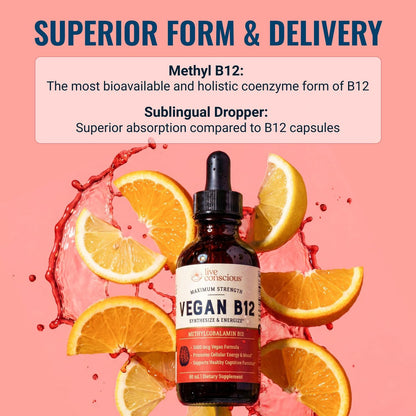 Live Conscious Vegan Vitamin B12 Sublingual Liquid Drops | Methylcobalamin Max Strength B12 5000mcg Formula | Vegan B 12 Vitamin Support Energy | Promote Memory & Aid Immune System | 60 Serving