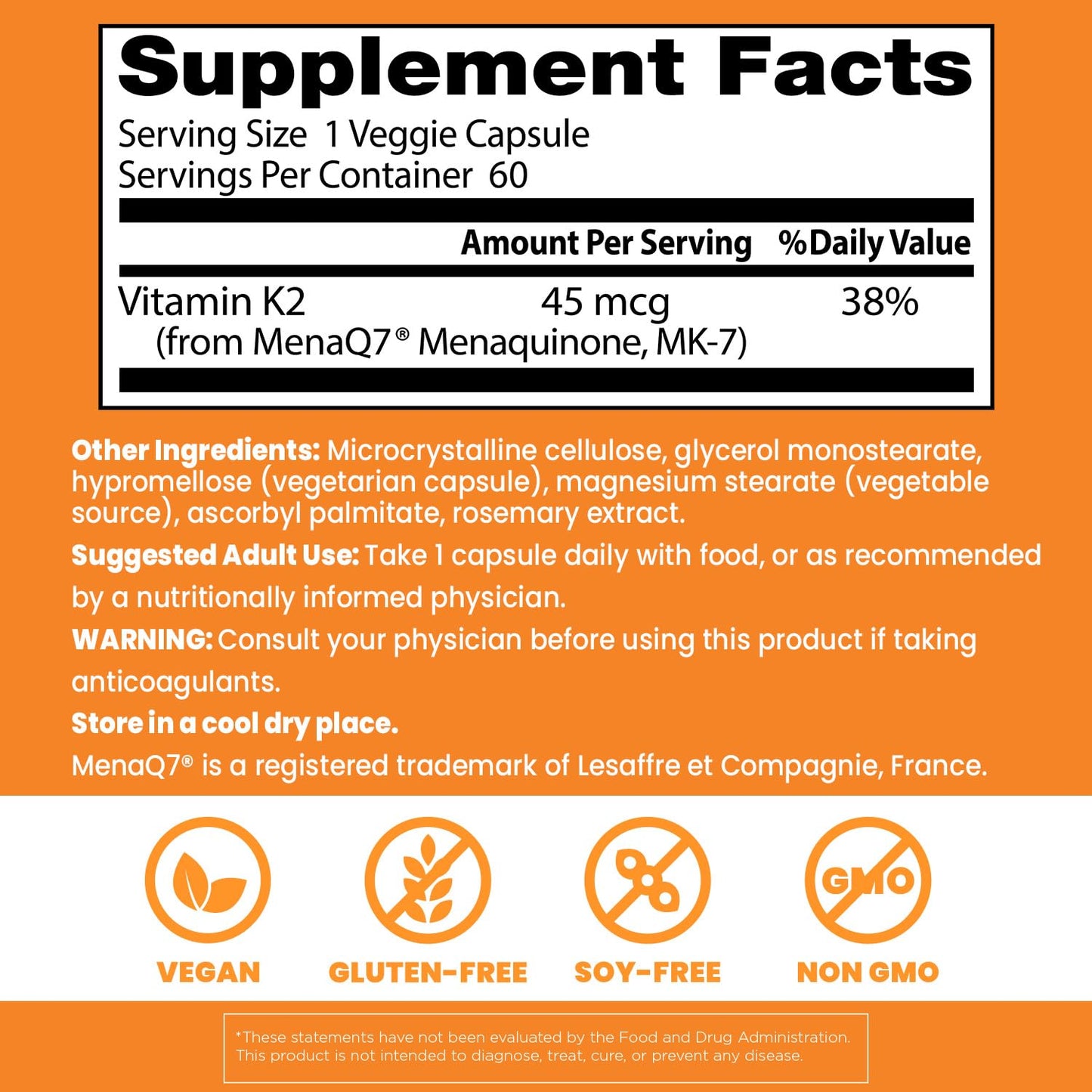 Doctor's Best Natural Vitamin K2 MK7 Supplement for Men & Women - Bone Health Support, 45 mcg Vitamin K-2 MK-7 Capsules with MenaQ7, Calcium Support, Non GMO, Vegan - 60 Veg Caps