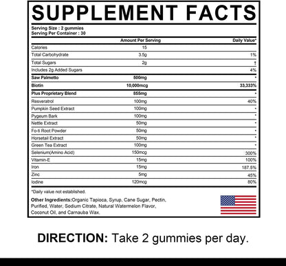 DHT Blocker Gummies Hair Growth Supplement, Super Potency Saw Palmetto & Biotin 10000 mcg for Women & Men, Plus 12 Proprietary Blend - Prevent Hair Loss, Blocking DHT Receptors, Balance