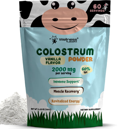 Colostrum Powder 2000mg - Vanilla Flavor, 60% IgG Bovine Colostrum Supplement for Gut Health, Immune Support, Clean Skin, Anti-Aging, Grass-Fed Calostro Bovino Powder, Keto, Gluten-Free - 60 Servings