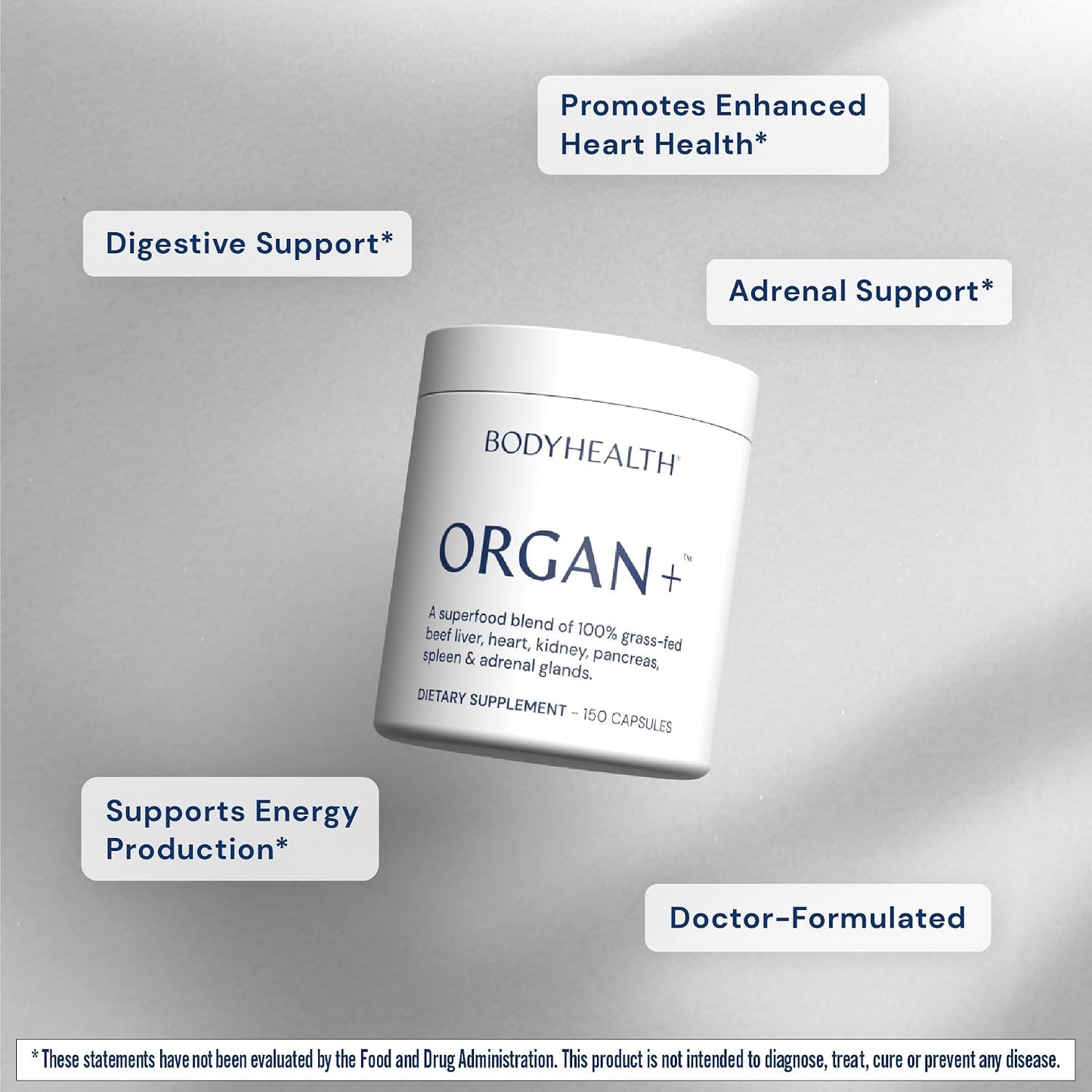 BodyHealth Organ+ Grass-Fed Glandular Organ Complex, Grassfed Beef Organ Supplement, Dessicated Beef Liver, Heart, Kidney, Pancreas, Spleen, Non GMO, Adrenal, Supplement, (150 Capsules)