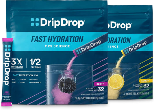 DripDrop Hydration Berry & Lemon Bundle, Electrolyte Packets, 64 Count | Lemon, Berry; 3X Electrolytes; Potassium, Magnesium, Zinc, Vitamin C; Single Serve; Portable; Daily Use, Workouts, Travel