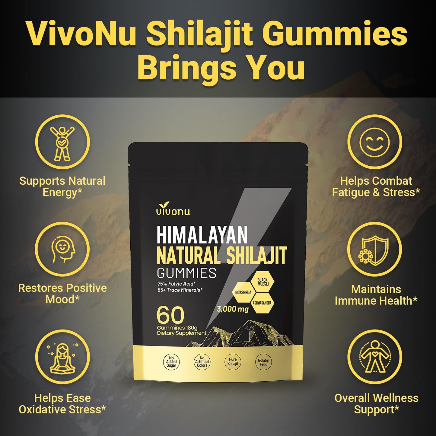 VivoNu Shilajit* Gummies,Pure Himalayan* micronutrient Supplement, Himalayan Premium Ingredient with Shilajit, Ashwagandha, Gokshura, Fulvic Acid & 85+ Trace Minerals I for Men & Women (4000MG/1 Bag)