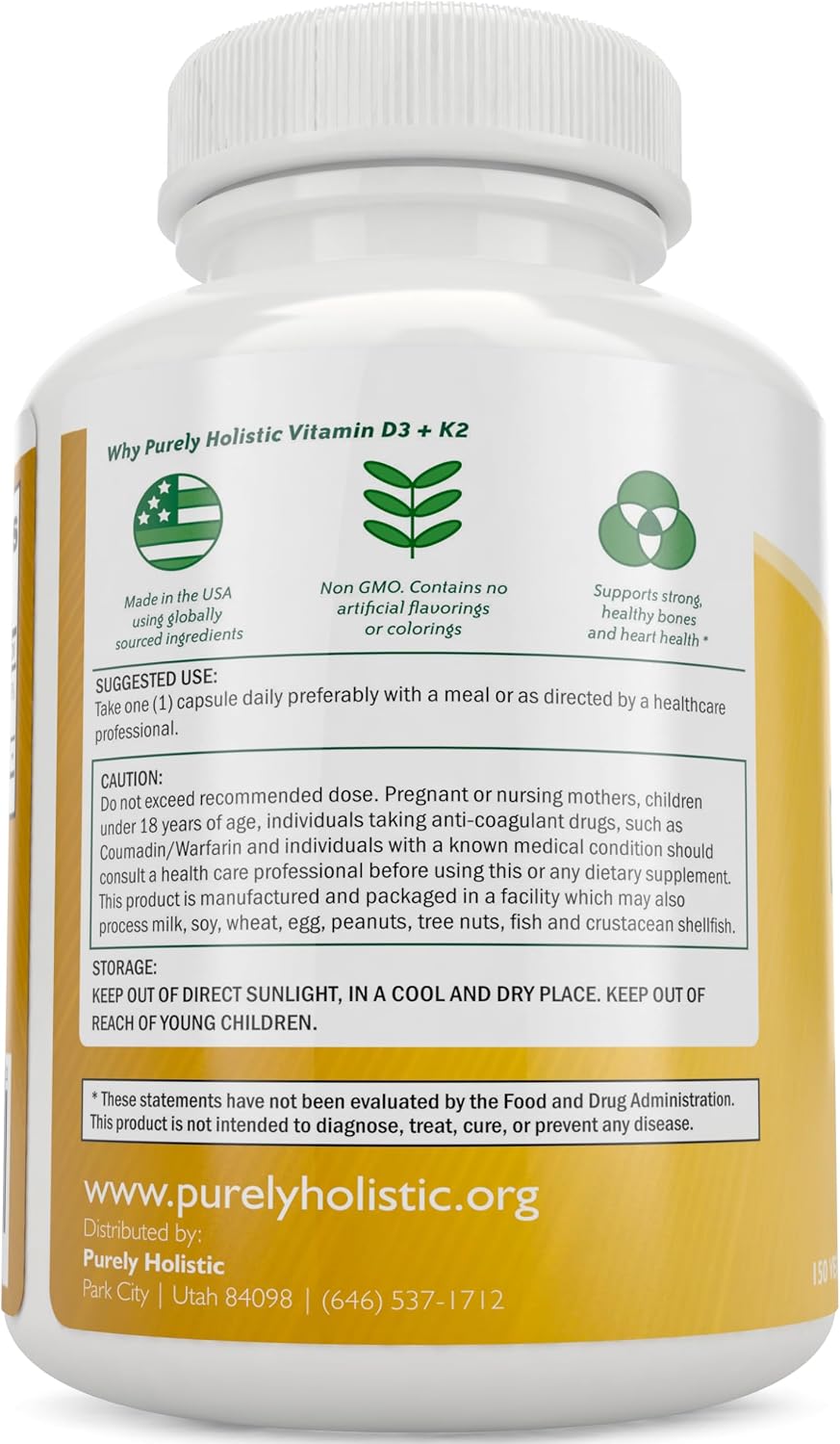 Vitamin D3 K2, 150 Servings, 5000iu D3 + 90mcg K2, Bone & Immune Support | Energy & Heart Health Support, High Absorption & Non-GMO, Once-Daily Vitamin Supplement, 150 D3K2 Capsules (5 Month Supply)