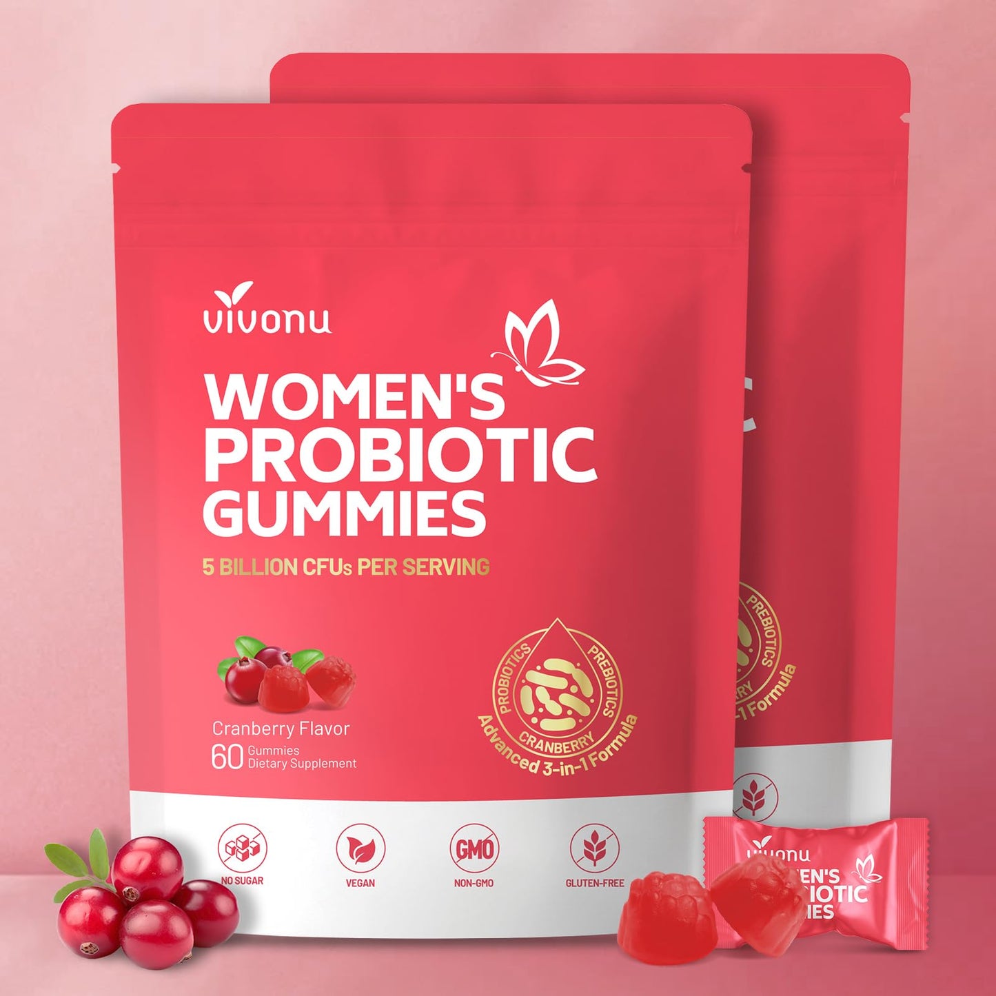 VivoNu Viginal Probiotics for Women, Women Probiotic Gummies, Feminine Balance Gummies, Prebiotic Gummy, Cranberry Probiotics for Woman Vaginigal Health, Yeast Ph Balance| 60 Gummies