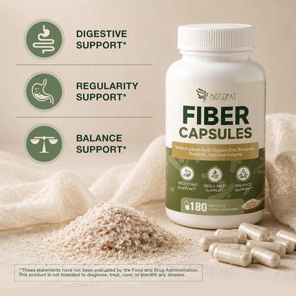 Migcopat Psyllium Husk Fiber Capsules, Fiber Supplement with Prebiotic Probiotic & Digestive Enzymes, Slippery Elm & Aloe Vera, Supports Gut Health & Regularity for Women & Men - 180 Capsules