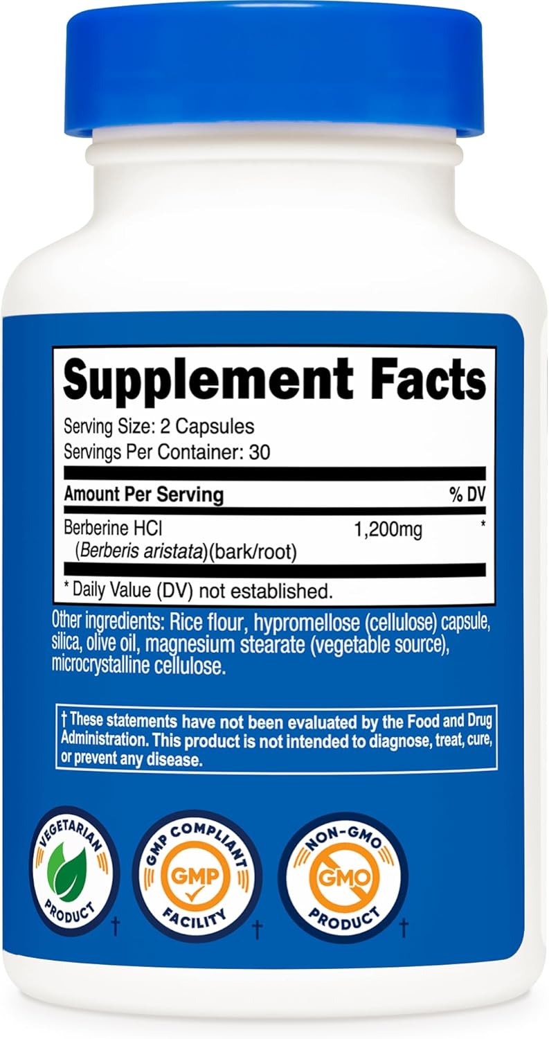 Nutricost Berberine HCl 1200mg , 60 Vegetarian Capsules - Gluten Free & Non-GMO | Gluten Free & GMO-Free