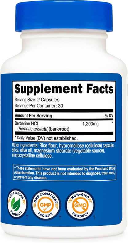 Nutricost Berberine HCl 1200mg , 60 Vegetarian Capsules - Gluten Free & Non-GMO | Gluten Free & GMO-Free