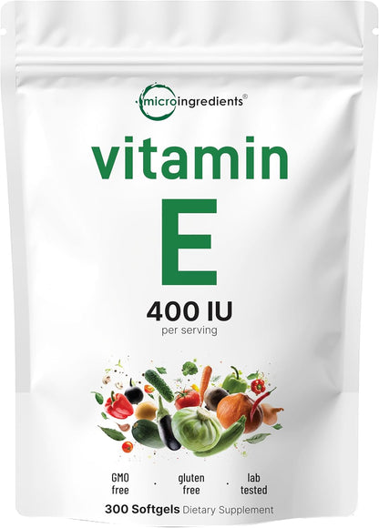Micro Ingredients Vitamin E 400IU, 300 Softgels | Pure Vitamin E Oil Pills | Antioxidant Supplements for Skin, Face, Heart, & Immune Health | Non-GMO, Gluten Free*