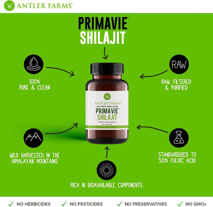 Antler Farms PrimaVie Shilajit for Men Extract - 60 Capsules, 250mg | 100% Pure, Standardized to 50% Fulvic Acid, Wild Harvested Resin from The Himalayas, Powerful Adaptogenic Supplement