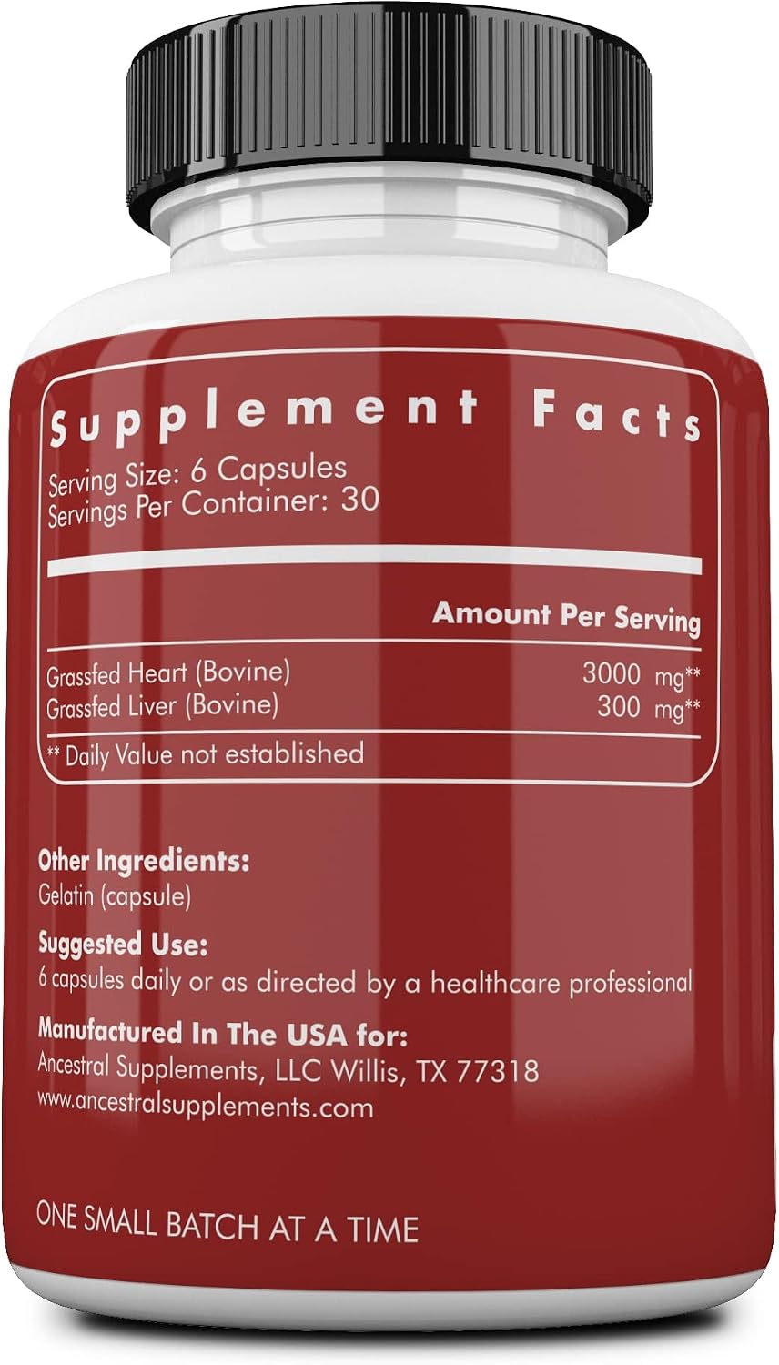 Ancestral Supplements Grass Fed Beef Heart Supplement, CoQ10, 180 Ct | A whole food heart health supplement with CoQ10 supports mitochondrial function and cardiovascular energy.