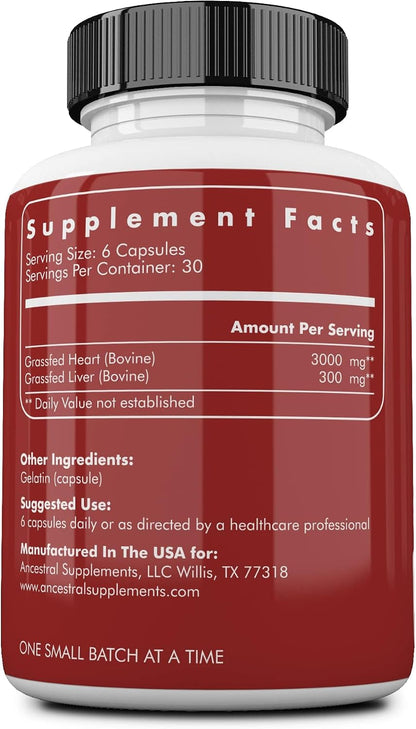 Ancestral Supplements Grass Fed Beef Heart Supplement, CoQ10, 180 Ct | A whole food heart health supplement with CoQ10 supports mitochondrial function and cardiovascular energy.
