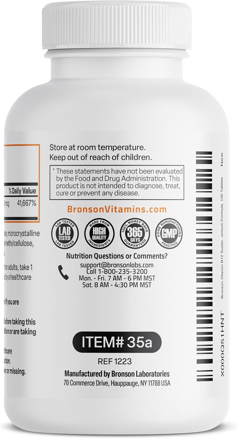Bronson Vitamin B12 1000 mcg Sustained Release Premium Non GMO Tablets Supports Nervous System, Healthy Brain Function and Energy Production, 100 Count
