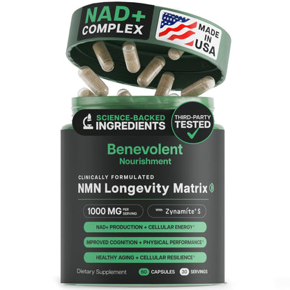 Benevolent NAD+ Supplement 1050mg, Max Absorption 3in1 NAD Supplements for Women & Men with Nicotinamide Riboside, Trans-Resveratrol & TMG, NAD Plus for Cellular Energy, Brain Support & Aging, 90 Caps