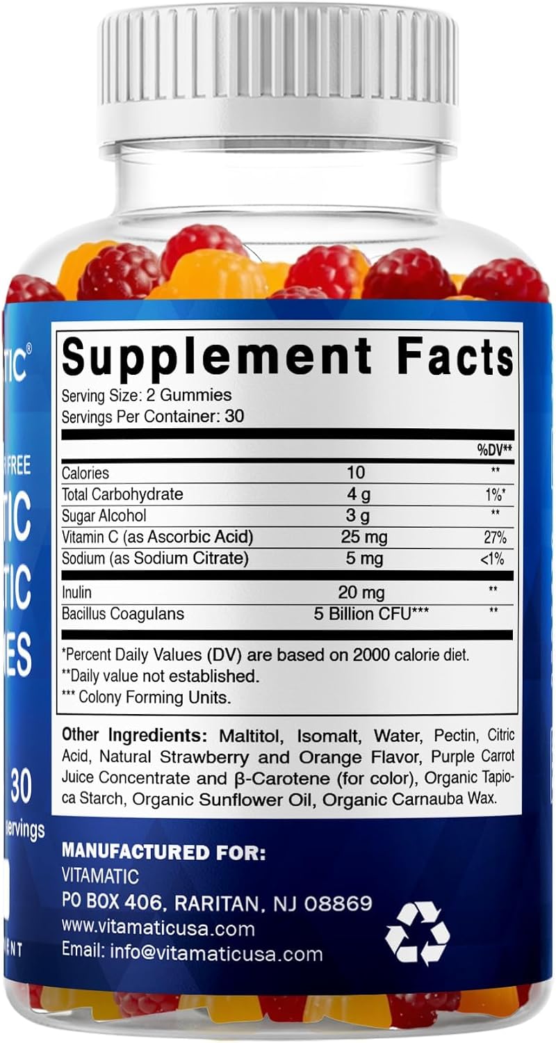 Vitamatic Sugar Free Probiotic + Prebiotic Gummies, 60 Count | 5 Billion CFU Bacillus Coagulans per serving, Support Digestive Health and Gut Flora Balance*, Non-GMO, Made in USA