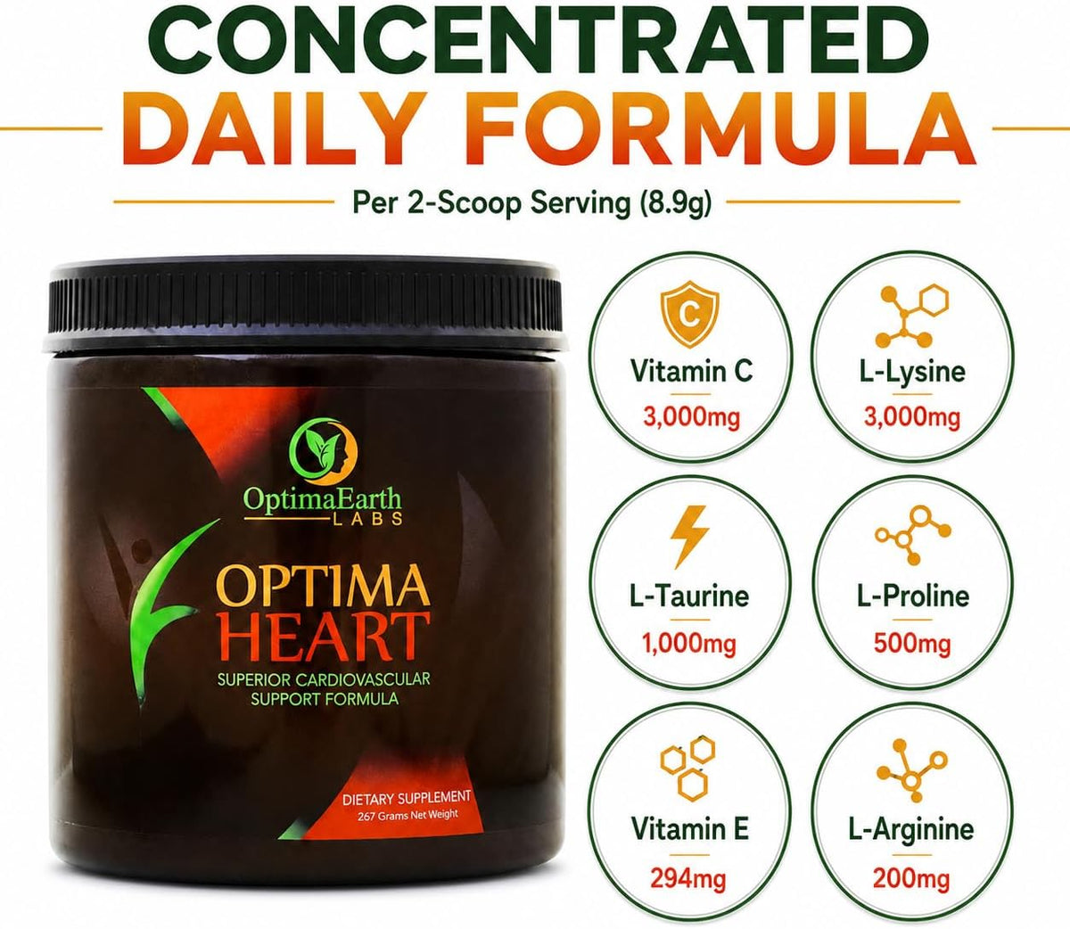OptimaEarth Optima Heart - High-Dose Vitamin C and L-Lysine Powder Inspired by Linus Pauling, 3,000mg Each Per Serving, 30 Servings
