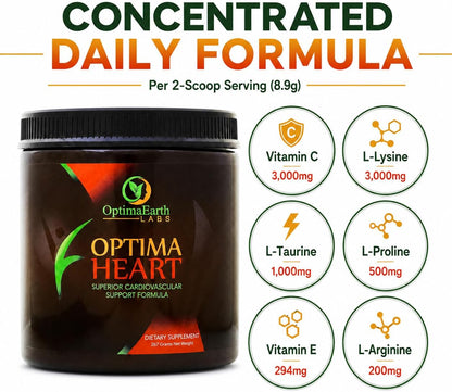 OptimaEarth Optima Heart - High-Dose Vitamin C and L-Lysine Powder Inspired by Linus Pauling, 3,000mg Each Per Serving, 30 Servings