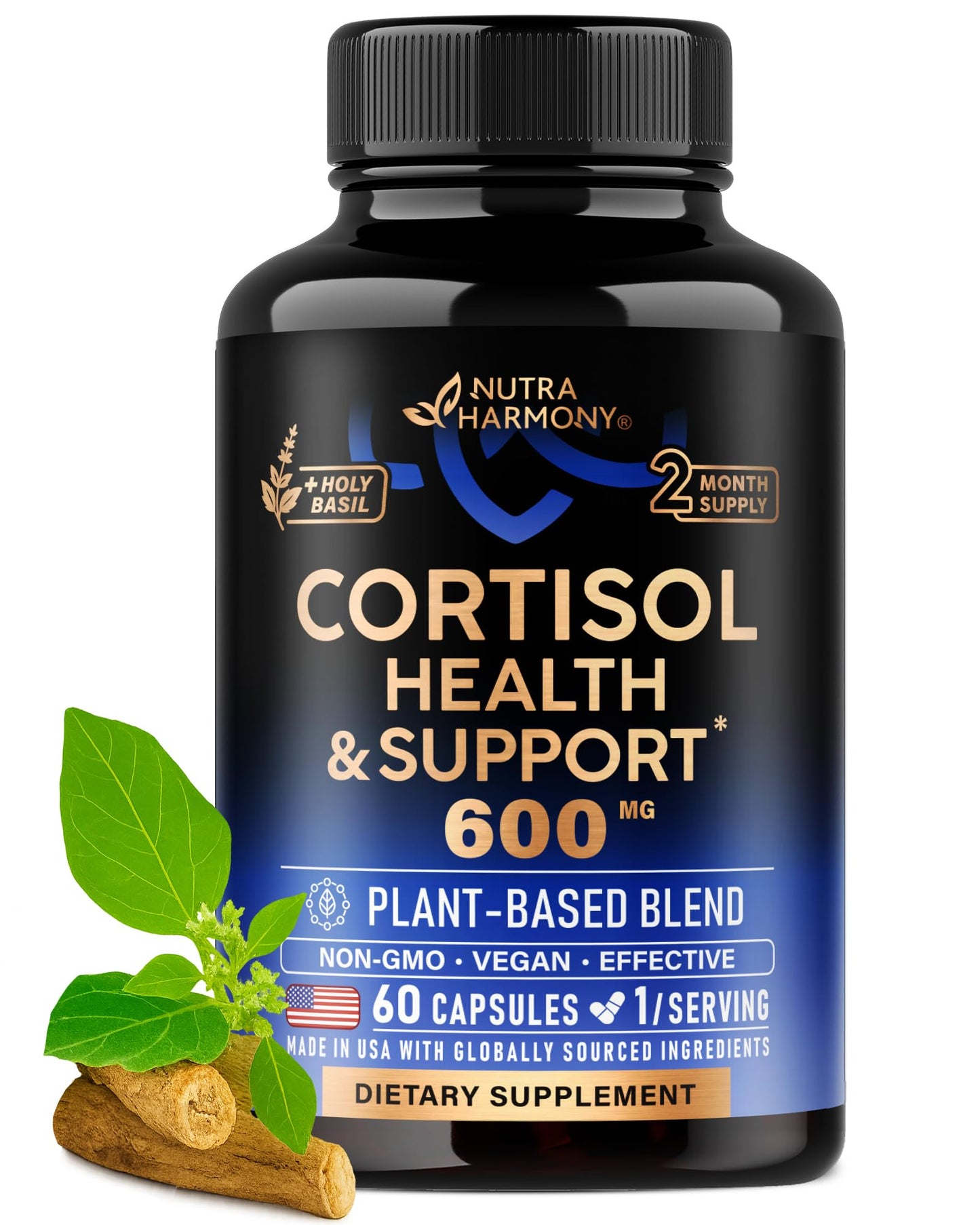 Cortisol Supplement for Women - Holy Basil | Ashwagandha | Rhodiola | L-Theanine - Plant-Based Hormone Balance - Mood, Focus & Sleep Support - Lab Tested - Vegan, Non-GMO - 60 Capsules for 2 Months