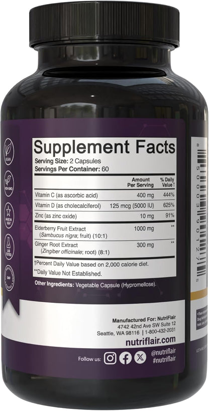 NutriFlair Sambucus Elderberry Capsules, 120 Capsules (2-Month Supply) - Elderberry Extract with Vitamin C, Vitamin D3, Zinc & Ginger - Daily Wellness Support
