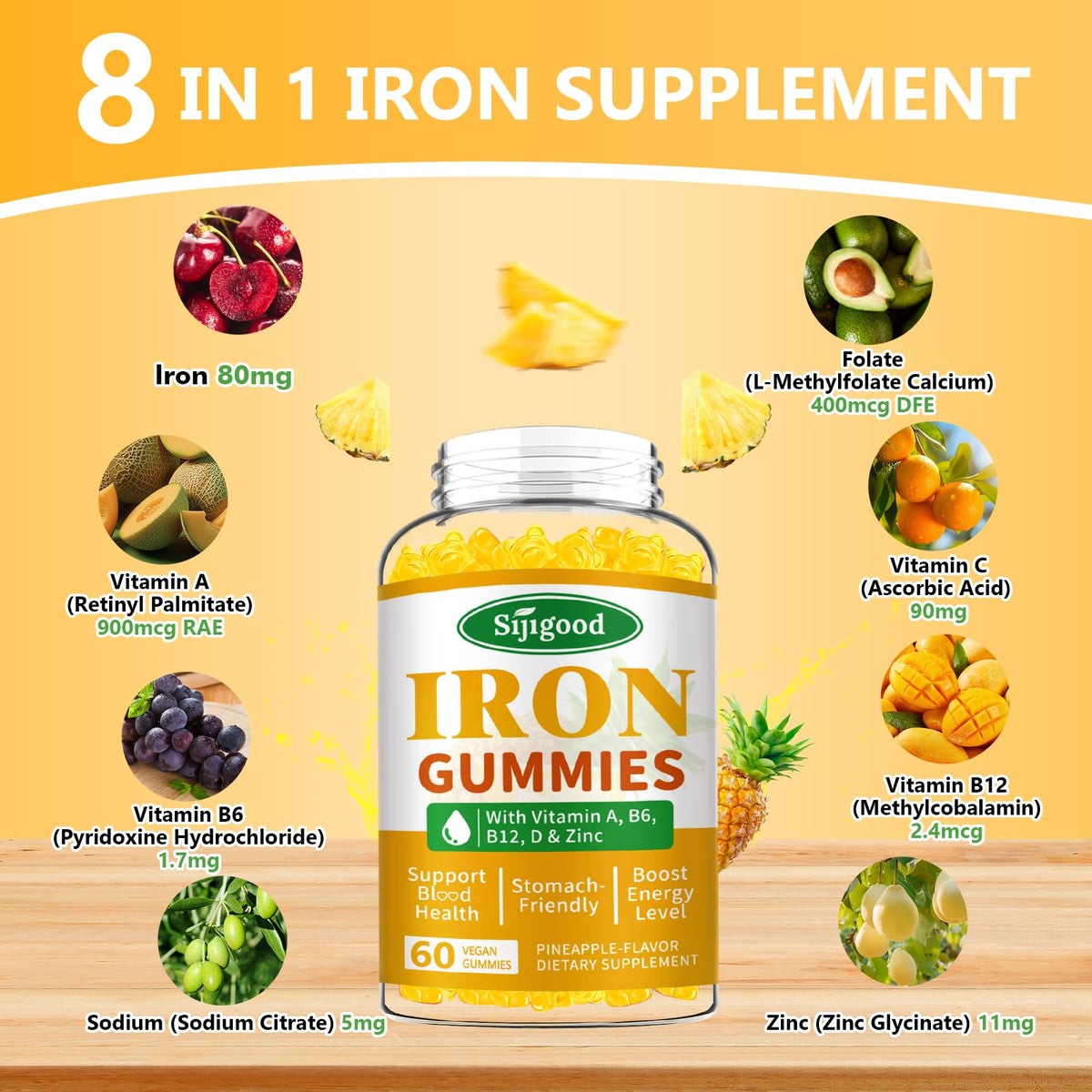 2 Pack Iron Gummies for Women & Men, Iron Supplement, Sugar Free, Vegan | for Anemia & Iron Deficiency, with Vitamin B12, Vitamin C, Zinc, Folate - Energy Boost, Strawberry Flavor, 120 Count