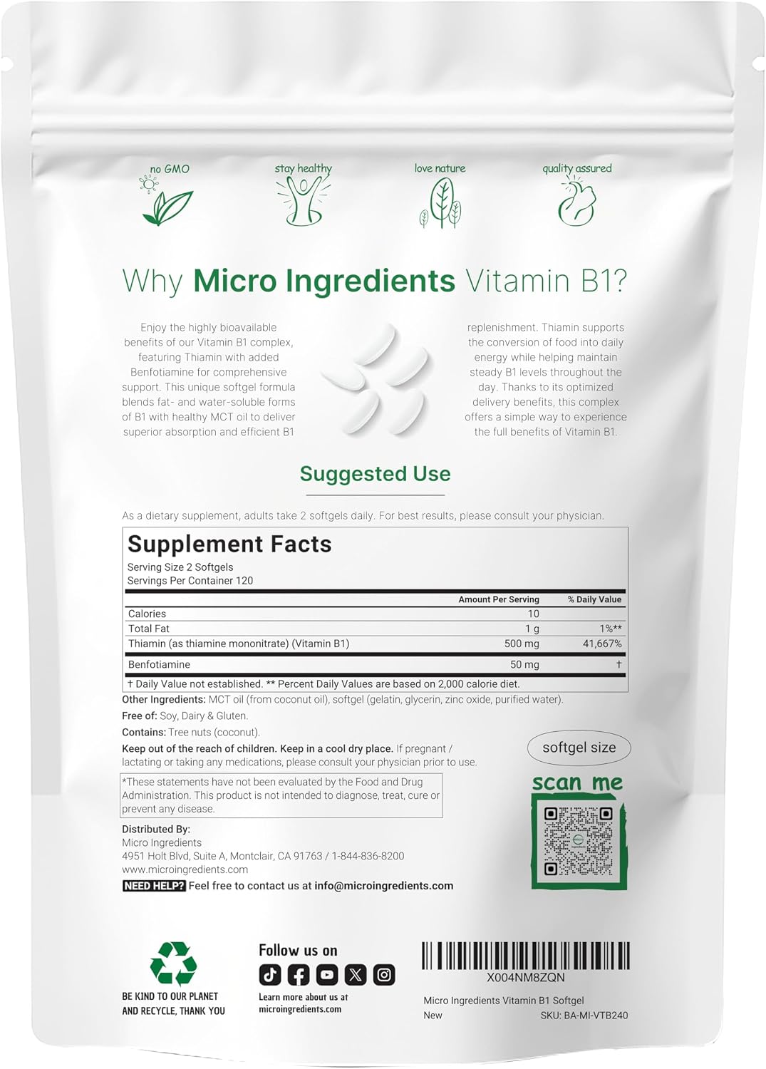 Micro Ingredients Vitamin B1 Thiamine 500mg with Benfotiamine & MCT Oil, 240 Softgels | Highly Bioavailable Thiamine Supplement for Energy & Nervous System Support* | Non-GMO, Soy Free