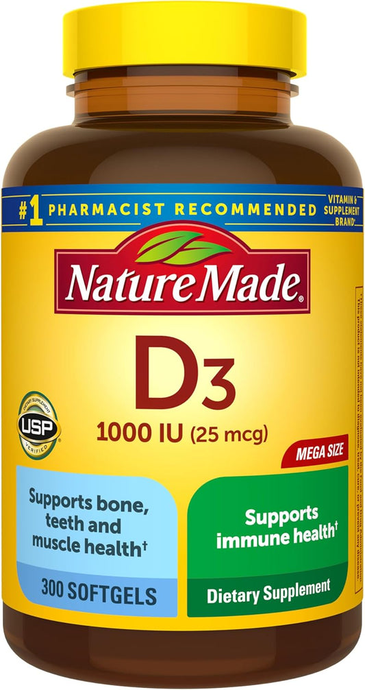 Nature Made Vitamin D3 1000 IU (25 mcg), 300 Vitamin D Softgels | Vitamin D Supplement for Immune, Bone, Teeth and Muscle Health Support, 300 Day Supply