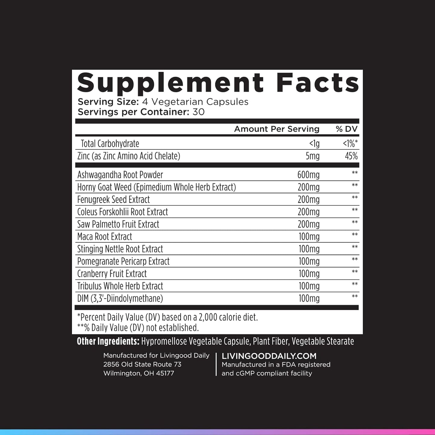Livingood Daily Men's Hormone Support Supplement for Vitality & Balance, 14-in-1 Testosterone Booster for Men with Ashwagandha, Maca, DIM, Zinc, Saw Palmetto, Vitamin B12 & More, Vegan, 120 Capsules
