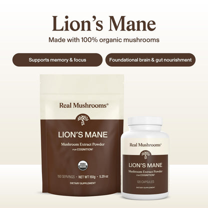 Real Mushrooms Lions Mane Mushroom Cognition (120 Capsules) Lions Mane Mushroom Powder Extract Capsules | Brain Supplement, Brain Vitamins, Focus Supplement