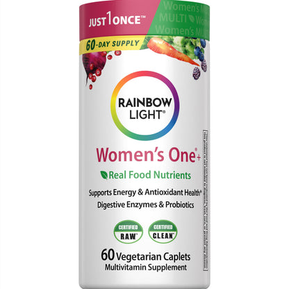 Rainbow Light Womens Multivitamin One + | 150 Caplets | Supports Cellular Energy & Antioxidant Health | Real Food Nutrients, Digestive Enzymes & Probiotics | with Vitamins C, D, and Zinc
