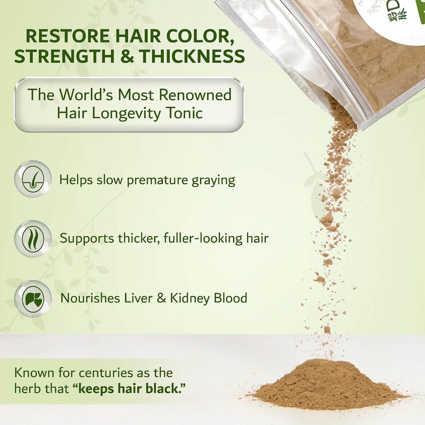 Organic Prepared He Shou Wu Powder (Fo-Ti Root)- Traditional Black Bean Cured Tonic for Hair Thickness, Graying & Jing Vitality- Polygonum Multiflorum Safe & Potent (4oz)