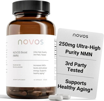 Novos Boost NMN 250mg | Third-Party Tested | Ultra High-Purity for NAD+ Support, Energy & Longevity | Stabilized NMN Supplement for Men & Women | 60 Vegan Capsules (30 Servings)