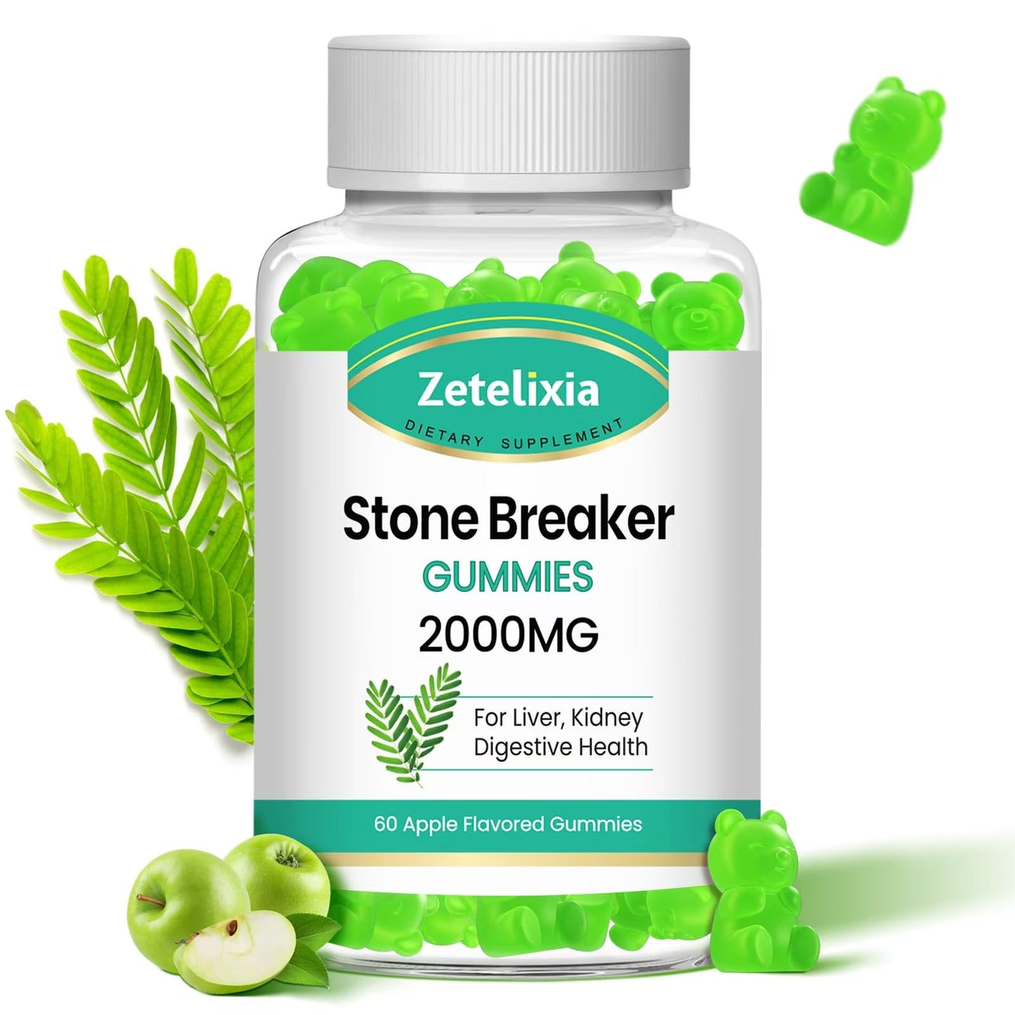 2 Pack Chanca Piedra Stone Breaker Gummies, Organic Herbal Supplement for Kidney Cleanse & Gallbladder Health, Kidney Stones Dissolver, Sugar Free, Vegan, Non-GMO, Apple Flavor