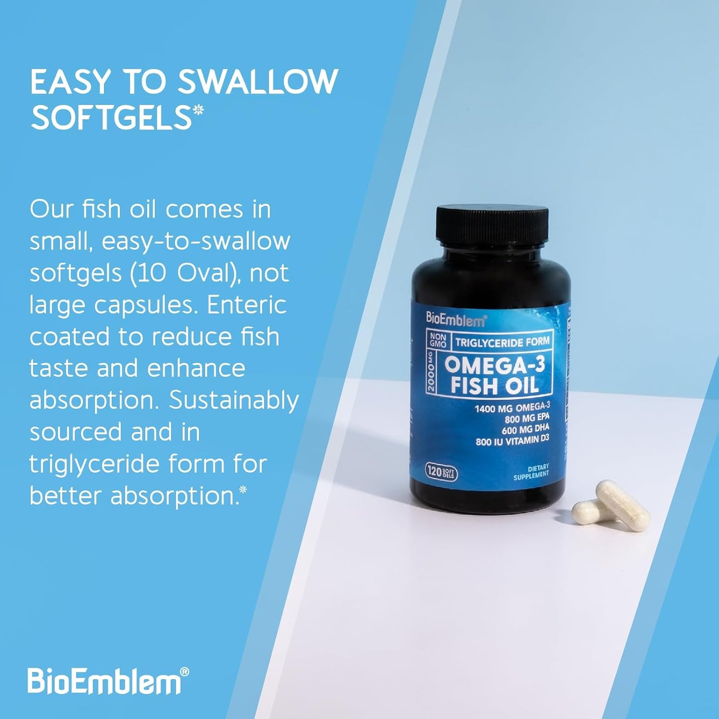 BioEmblem Omega-3 Fish Oil 2000mg Per Serving - Small Size Softgels, High Absorption Form, Sustainable - EPA &DHA Plus Vitamin D3, Non-GMO, Heart, Joint, & Brain Health Fish Oil Supplement, 120 Ct