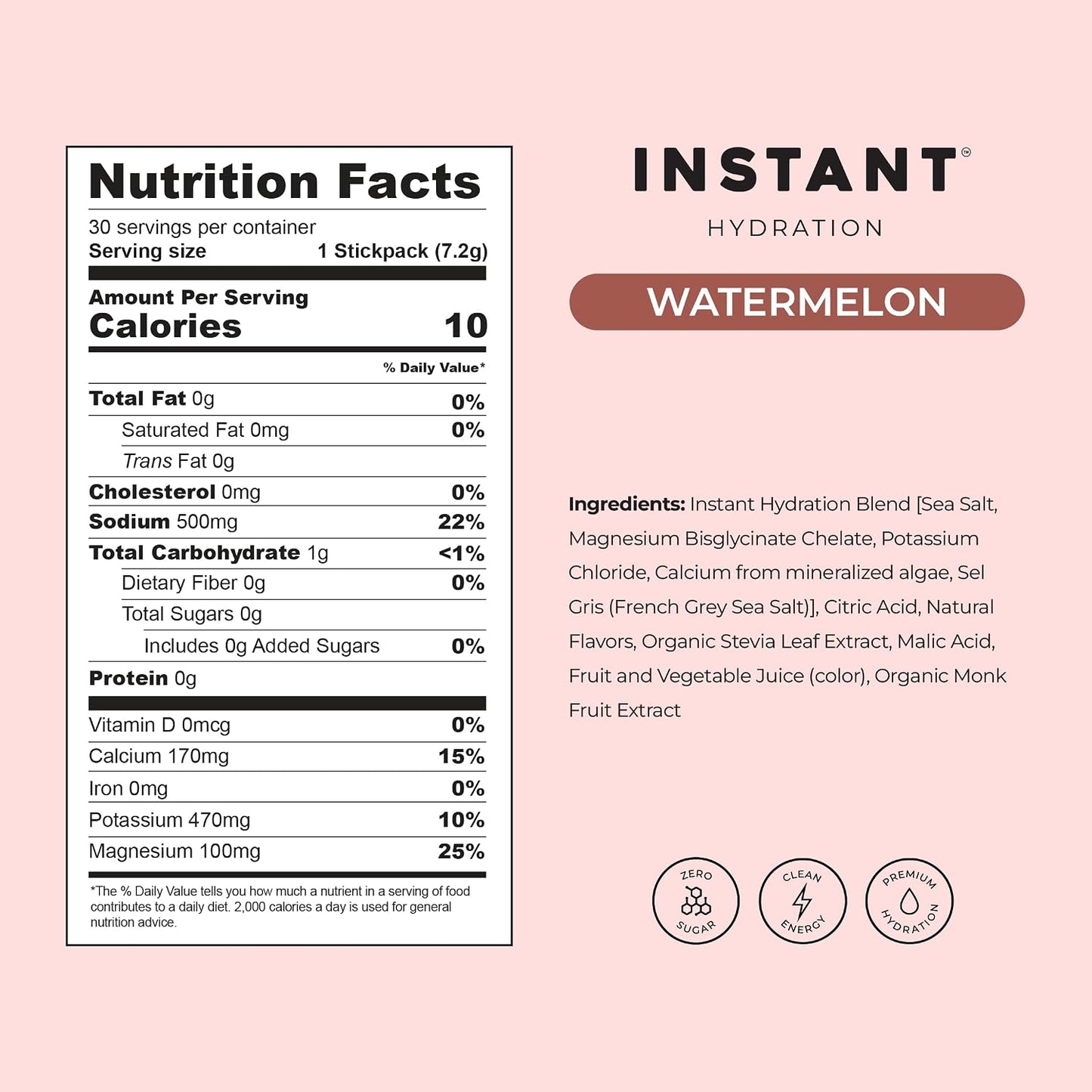 Instant Hydration Electrolytes Powder Packets - Watermelon Electrolyte Drink Mix - Zero Sugar - Keto, Vegan, Gluten-Free, Non-GMO - Boost Recovery, Brain Health, Muscle & Tissue Support- 30 Sticks