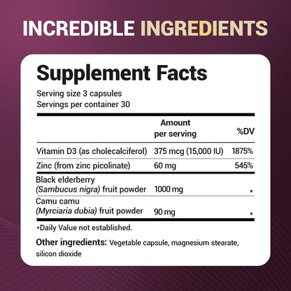 Dr. Berg Black Elderberry Capsules (Advanced Immune Support*) with 15,000 IU Vitamin D, 60 mg of Zinc, & 90 mg of Camu Camu - (4-in-1) Sambucus Elderberry Immune Support Supplement - 90 Capsules