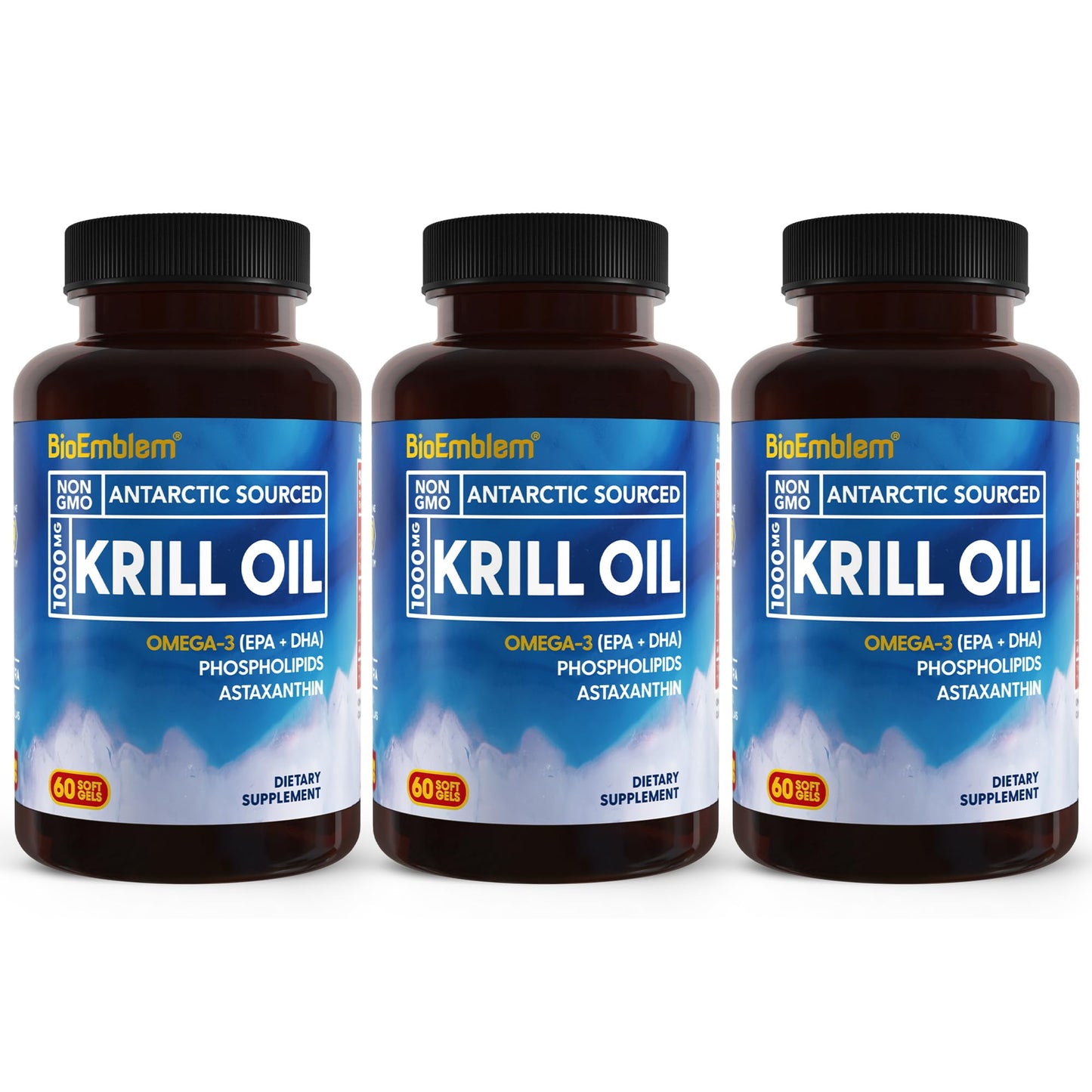 BioEmblem Antarctic Krill Oil Supplement | 1000mg Per Serving | Omega-3 Oil with High Levels of EPA + DHA, Astaxanthin, and Phospholipids | No Fishy Aftertaste | 60-Count Non-GMO Softgels