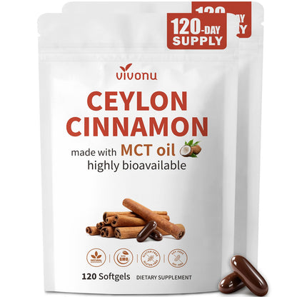2-in-1 Organic Ceylon Cinnamon with MCT Oil Supplements Softgels, 120 Day Supply, Authentic Sri Lankan Source, Liposome Highly Bioavailable Extract, Energy & Metabolism Support, Large Granule Softgels